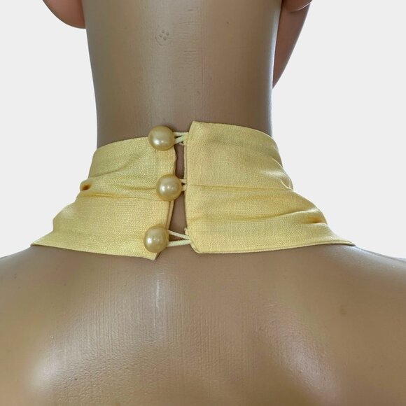 Women Halter Midi Dress Size L Deep Neckline Sleeveles Floral Yellow Lemon Linen - Picture 14 of 16